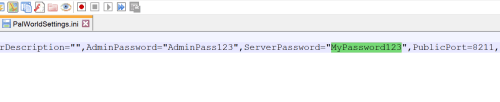 Text editor window with the PalworldSettings.ini file open. The user is using CTRL + F to search for the "ServerPassword" setting in order to change it.