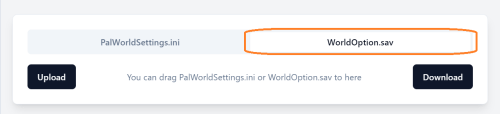 Web browser window open on the Palworld Server Configurator website. The user is adjusting server settings and downloading the configuration file as WorldOption.sav.