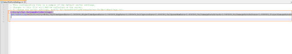 Text editor window displaying the DefaultPalworldSettings.ini configuration file for Palworld, open for manual editing of game settings.