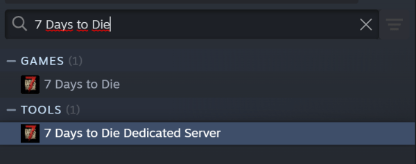 Steam Library open on a PC. The user has searched for "7 Days to Die" in the search bar and is selecting the "7 Days to Die Dedicated Server" option to install.