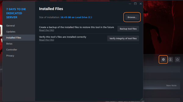 File explorer window open to the installation folder of the 7 Days to Die Dedicated Server. The typical path is C:\Program Files (x86)\Steam\steamapps\common\7 Days to Die Dedicated Server.