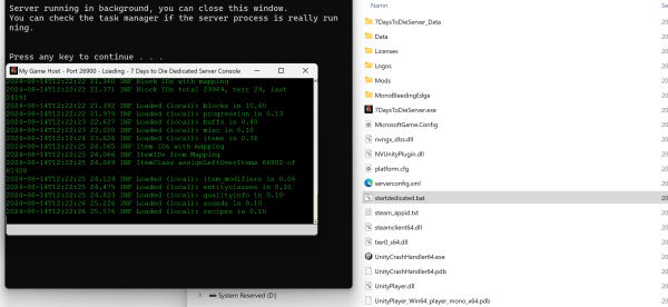 The user is starting the server by double-clicking startdedicated.bat and waiting for the server to fully start.
