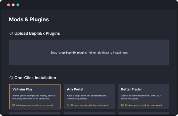 Dathost server hosting dashboard highlighting the one-click mod installation feature, offering an easier alternative to manually installing mods on a Valheim server.